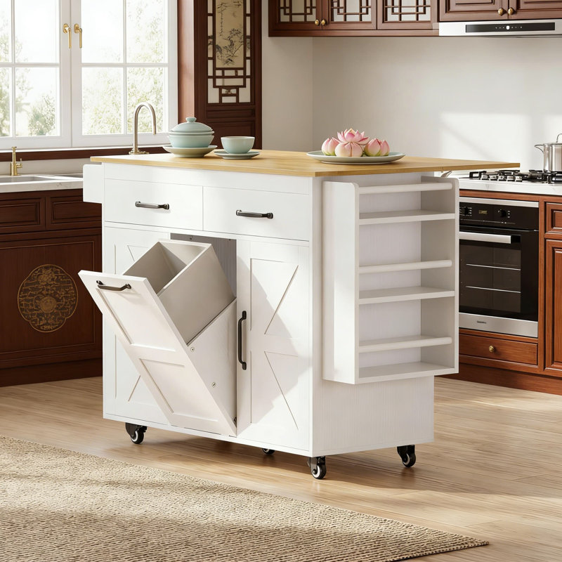 Îlot de cuisine sur roulettes avec armoire à déchets cachée, abattant extensible et support à épices | Chariot mobile avec tiroirs, tablettes réglables et roulettes verrouillables pour l'organisation de la cuisine