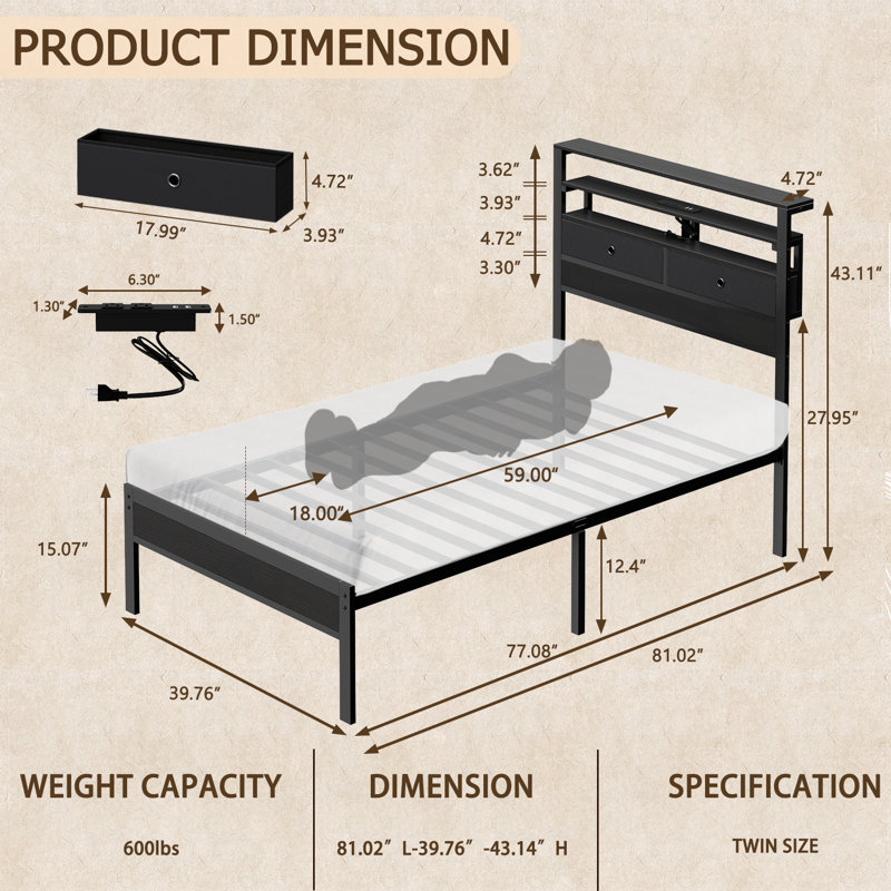 Bed Frame With Rgb Led Lights, Bed With Headboard, Charging Station, Black Oack, Twin