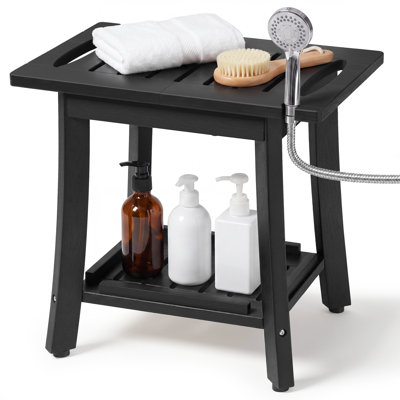 Banc de douche en HDPS imitation bois avec rangement à 2 niveaux, capacité de charge de 204 kg, rainure pour pommeau de douche et pieds antidérapants