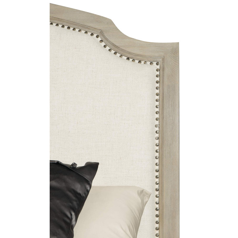 Beige Upholstered Queen Sleigh Bed with Nailhead Trim