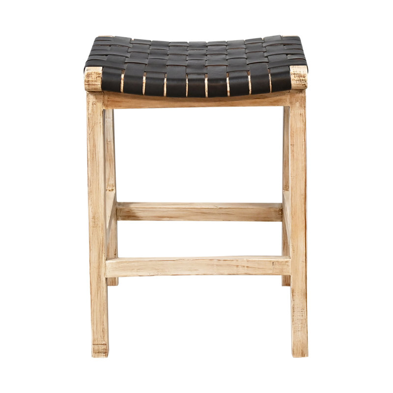 Tabouret rustique en bois massif blanc délavé avec assise en cuir tressé noir, Black Seat/ Beige Frame