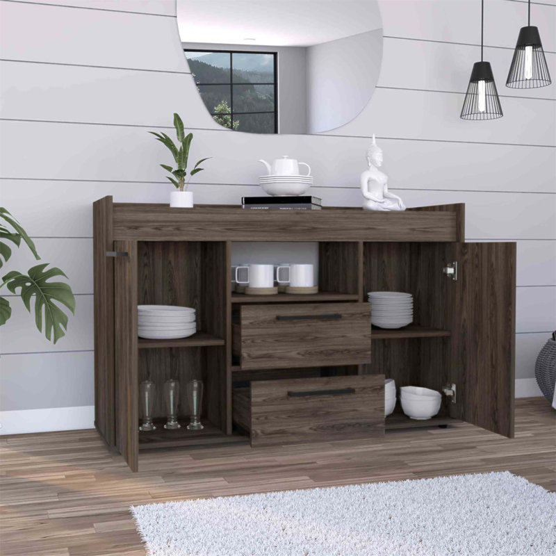 Buffet Lyon avec deux tiroirs et armoires à deux portes, parfait pour le rangement moderne et l'organisation élégante dans tout espace de vie.