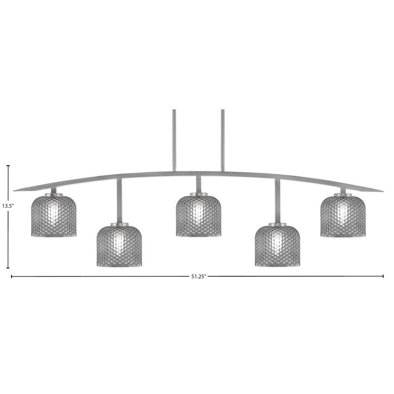 Barre d'éclairage 5 lumières avec verre texturé Kurve, H 13,5 po x l 51,25 po x P 6 po, Nickel, Fumée