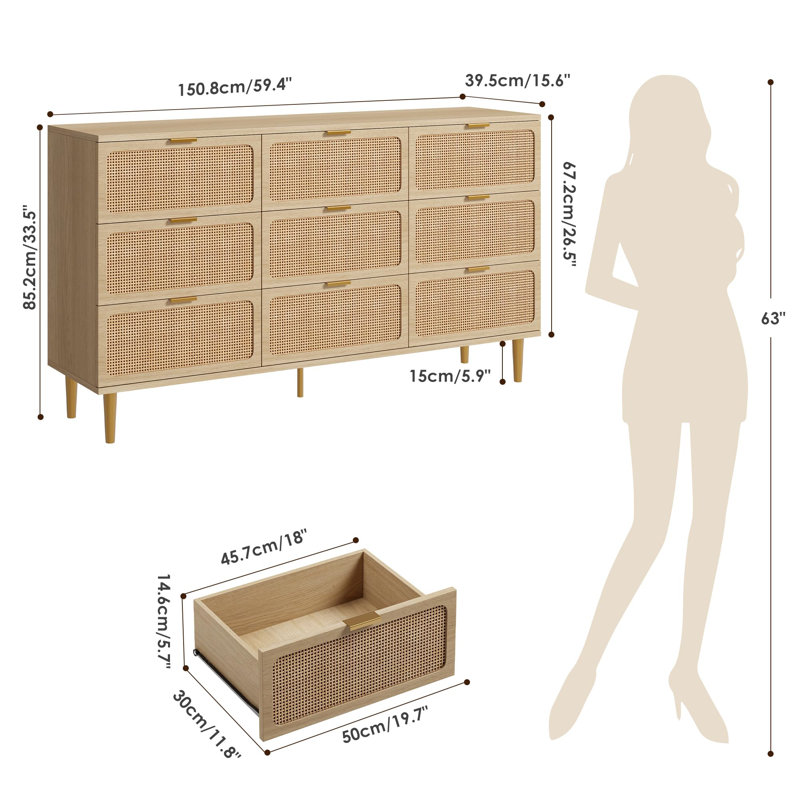 150.9 cm W Chest of 9 Drawers, Yellow