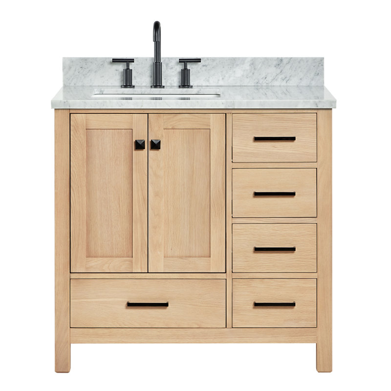 Flynt 37'' Single Bathroom Vanity with Carrara Marble Top, Oak/Matte Black, Rectangular, Left