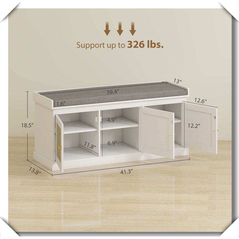 Shoe Storage Bench Rattan Cushion Stable Robust Hallway Seating, Gray and White
