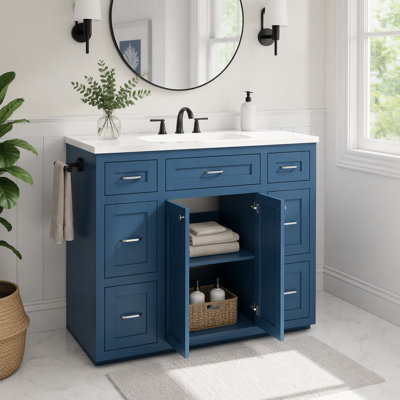 Meuble-lavabo de salle de bain avec lavabo en céramique, 6 tiroirs et portes à fermeture en douceur