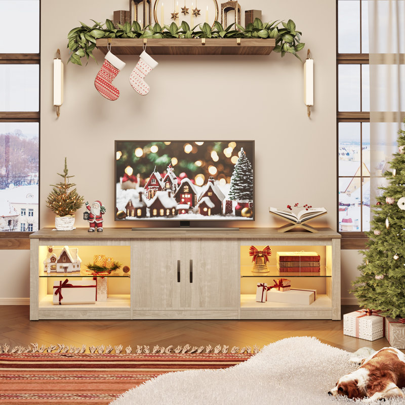 Kruszewski 70" LED TV Stand for 75" TV Large Entertainment Center Gaming with Adjustable Glass Shelves, White Wash