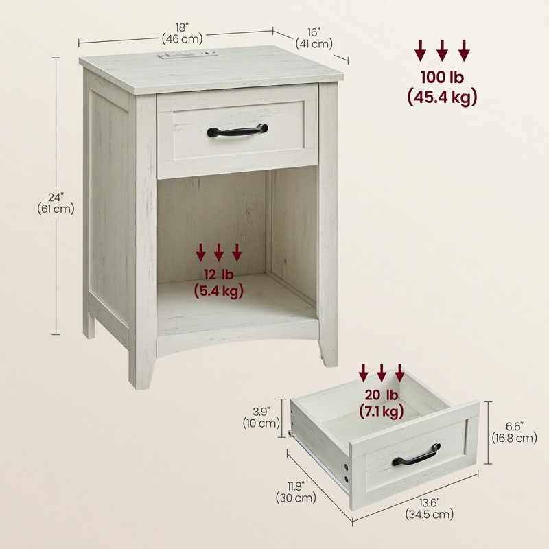 Table de chevet 18 po avec station de charge Allenside, Blanc / Brun, Ensemble de 2