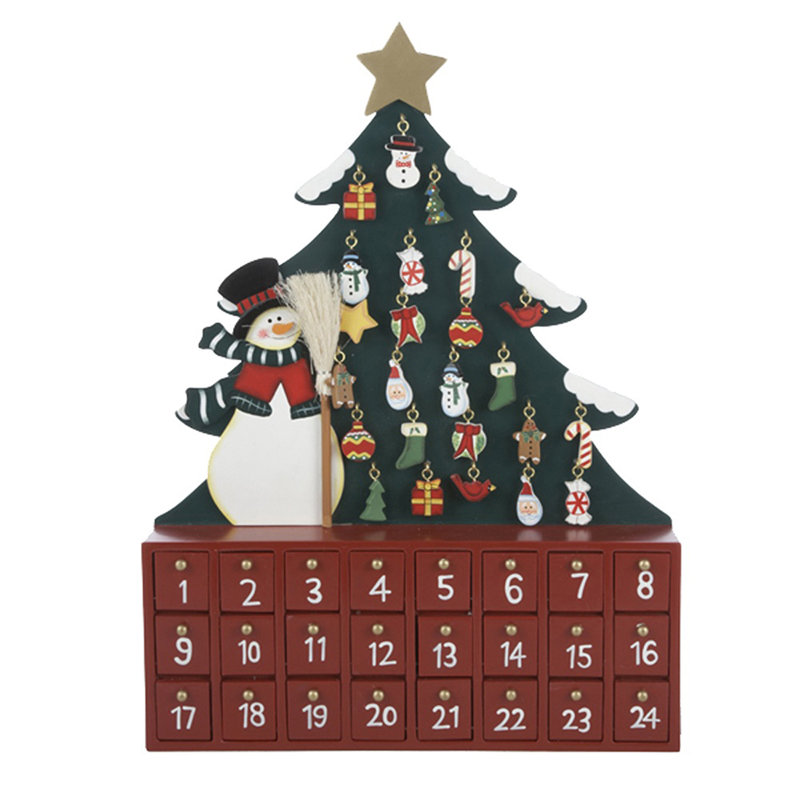 Classic Wooden Snowman Christmas Countdown Calendar with Gold Trim