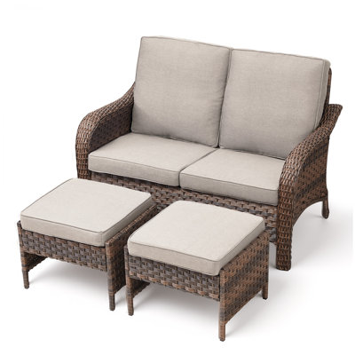 Arley 3-Piece Outdoor Wicker Curved Arms Patio Loveseat With Ottomans by Red Barrel Studio