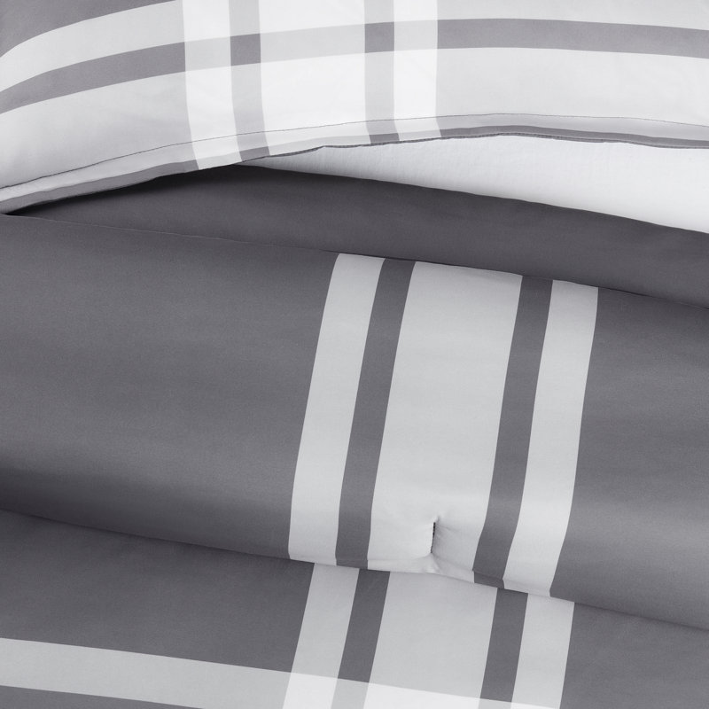 Serta Simply Clean Jax Plaid Antimicrobial 2-Piece Comforter Set, Queen Comforter + 2 Standard Shams, Charcoal/Black