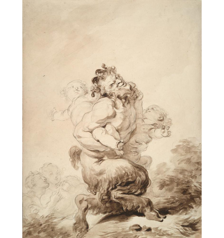"Un satyre taquiné par deux Putti" par Jean-Honoré Fragonard - Toile tendue avec châssis, H 24 po x l 17 po