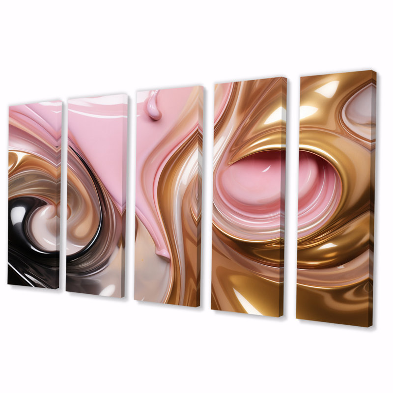 «Whimsical Lquid Pink and Gold Glam Art I», reproduction d'art abstrait de formes abstraites - 5 panneaux égaux