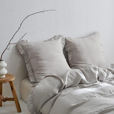 100% Linen Euro Sham Covers With Ruffle, 2Pcs Pillow Covers 26X26 Inches