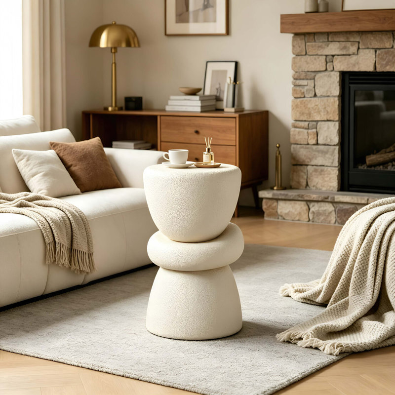 Table d'appoint sculpturale organique empilée 41 cm × 35 cm × 55 cm, table d'appoint ronde en fibre de verre texturée crème pour coin de canapé de salon, aucun assemblage requis