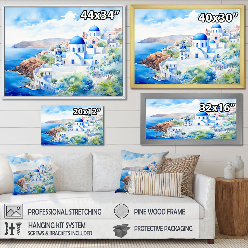 Grèce, paysage de Santorin II - Grèce, art mural, Cadre de coin argenté fermé, H 24 po x l 32 po x P 1 po