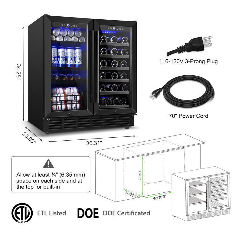 Refroidisseur à vin 30 "noir 33 bouteilles et 130 canettes encastré / autoportant avec panier à deux zones