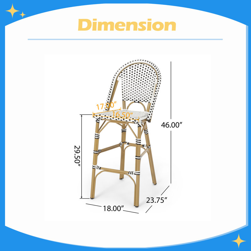 Tabouret de bar 29,5 po d'extérieur en polyuréthane à structure française en aluminium (ensemble de 2), Blanc