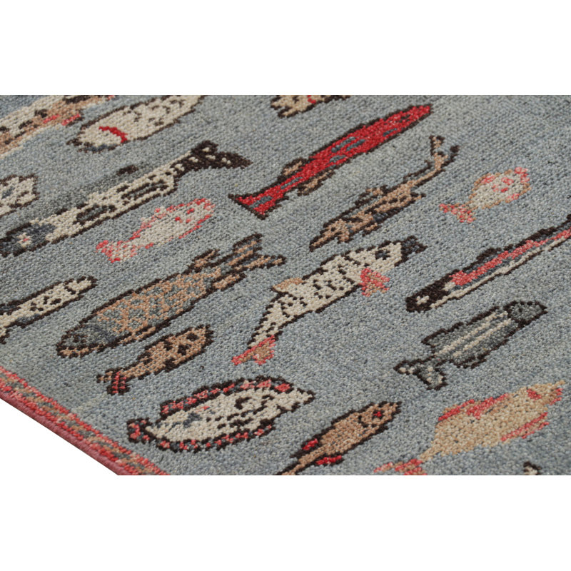 Rug & Kilim’S Custom Runner Rug In Blue With Colorful Fish Pictorials, Rectangle 8' x 10'