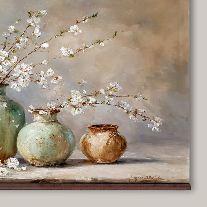 Tapisserie murale rétro avec vases en céramique et fleurs blanches, H 40 po x l 60 po
