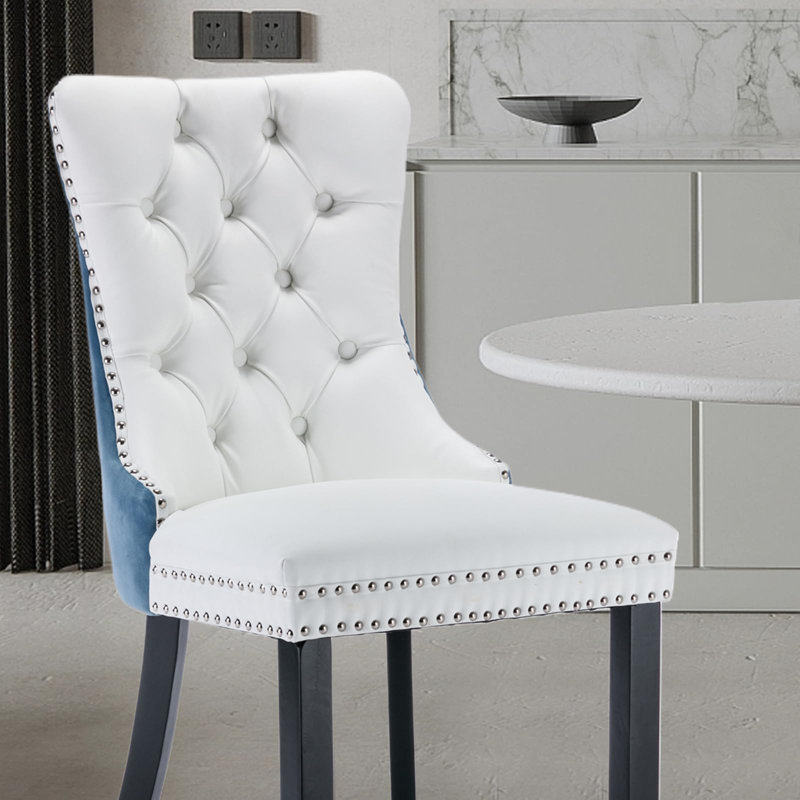 Chaises de salle à manger, chaise de salle à manger rembourrée haut de gamme avec anneau clouté, 4, Blanc / velours bleu