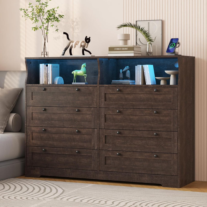 Commode 8 tiroirs 55 po de large avec rangement, DEL et station de charge, Noir, noir, noir, noir, Brun