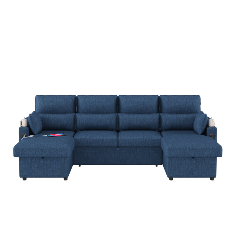 U-shaped Sectional Sofa Bed Pull Out Sleeper Couch With Storage Chaise For Living Room, Blue