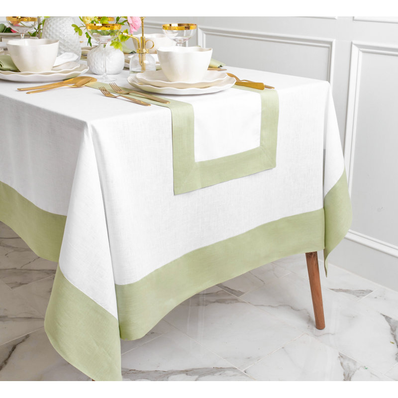 Contempo - 100% Pure Linen Tablecloth, 120" x 60", Sage Green/White