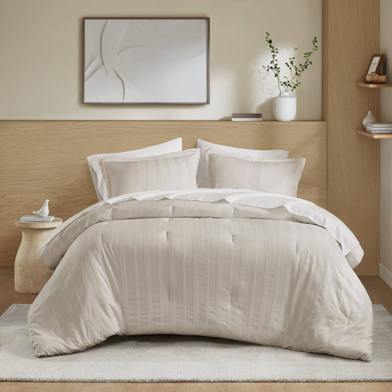Logan Neutral Woven Striped 7-Piece Queen Comforter Set, Queen Comforter + 6 Addiotional Pieces, Neutral Striped