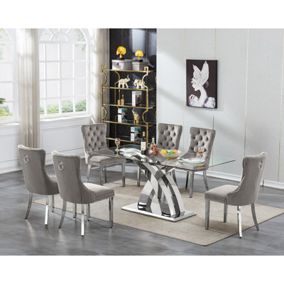 Glass Dining Table Set with Upholstered Dining Chairs, 70" Rectangle Kitchen Table and Chair Set, Clear Glass Dining Room Table Set, Modern Home Kitchen Furniture