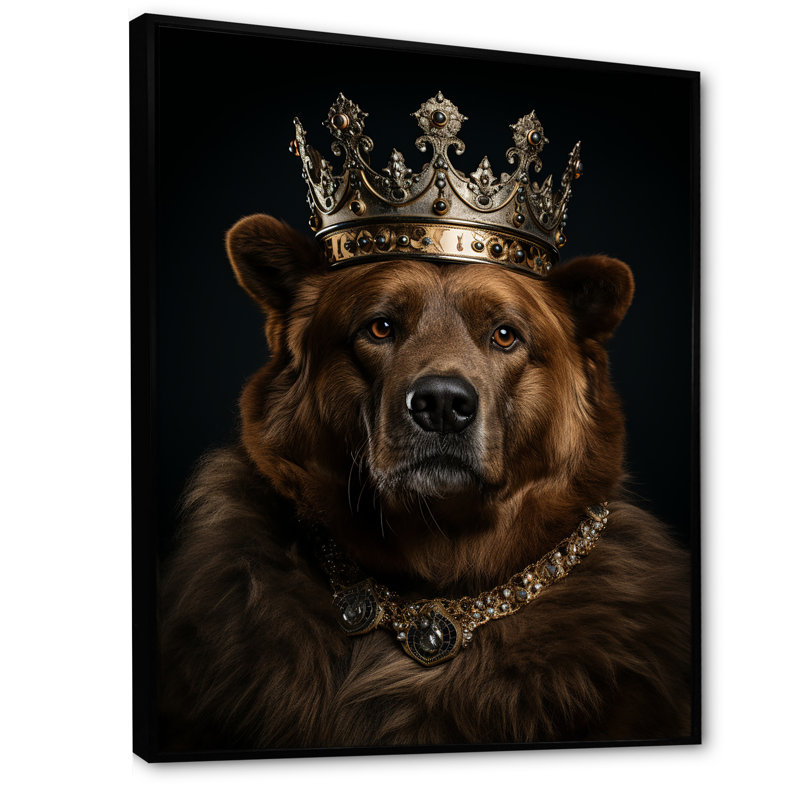 «Royal Bear Crown Portrait II» - art mural ours, H 40 po x l 30 po x P 1,5 po, Cadre flottant noir