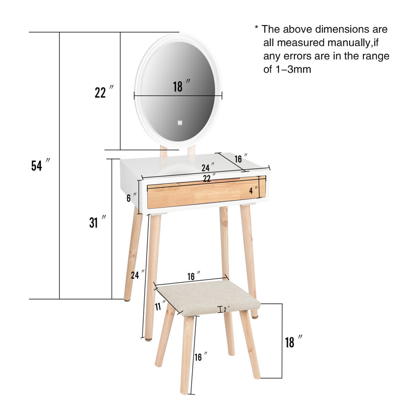 Leicester Vanity Table Set with Adjustable Brightness Mirror and Cushioned Stool, Wood/White
