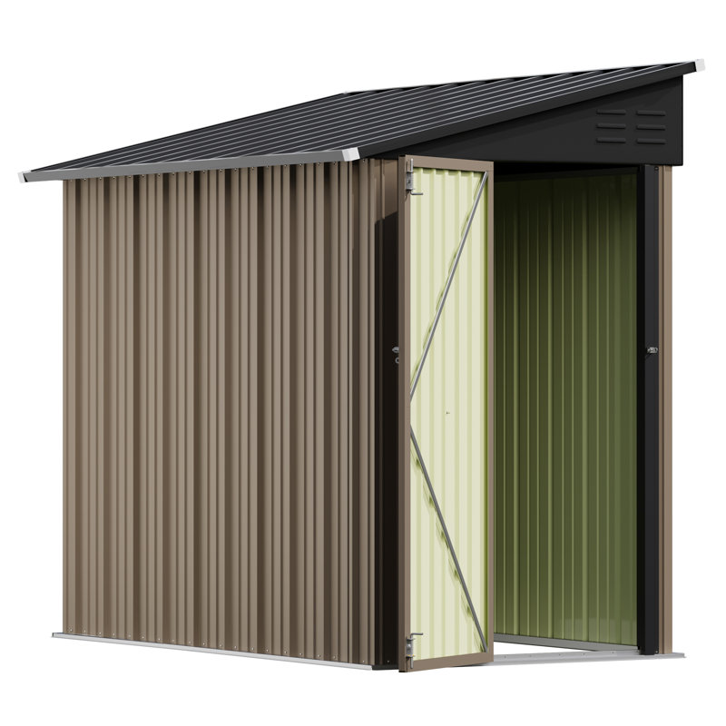 8x4 Ft Outdoor Storage Shed, Lean To Storage Shed, Garden Tool Metal Storagehouse With Lockable Door, 2 Air Vents And Sloped Roof For Backyard, Patio, Lawn, Brown