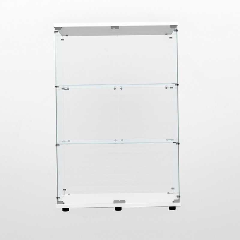 Vitrine polyvalente en verre trempé avec éclairage à piles, pieds réglables et roulettes pour tout espace de rangement intérieur