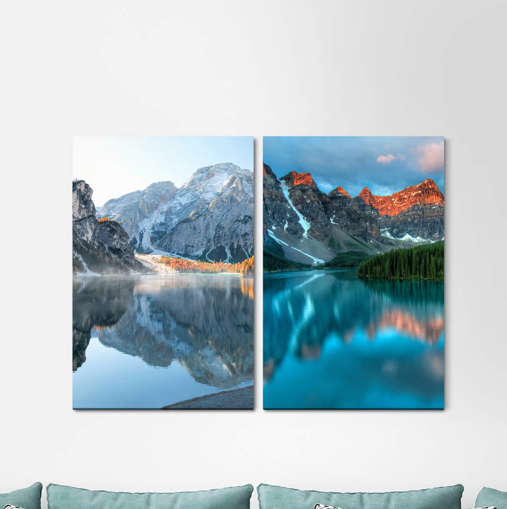 2-tlg. Leinwandbilder-Set - Grafikdruck "Berge Schneebedeckte Gipfel Himalaya-Gebirge Stille ruhige Natur"