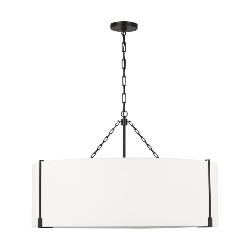 Gilligan Thom Filicia Hazeltine 4 Light Dining Room Pendant With White Linen Shade, Aged Iron