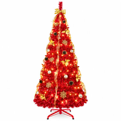 Arbre de Noël illuminé 6 pi avec 150 lumières DEL blanc chaud pré-éclairées avec 4 rubans, arc, fleurs, flocons de neige, pommes de pin et boules pour les fêtes à domicile