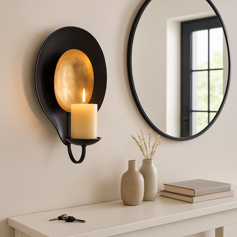 Decorative Round Wall Candle Holder for Home Decor Accent - Modern Pillar or Votive Candle Stand Wall Sconces for Entryway or Hallway - Black & Gold
