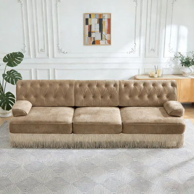 84" Camel Velvet 3-Seater Sofa, Pet-Friendly, Tassel Fringe & Tufted Design