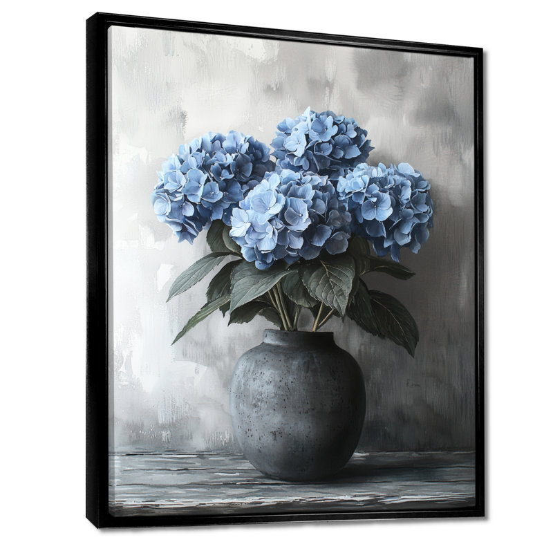 Hortensia dans un vase monochrome I - décoration murale hortensia, Noir, Reproduction avec cadre flottant, H 20 po x l 12 po