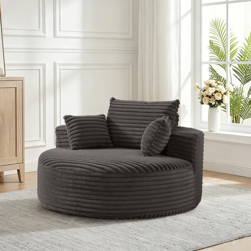 Fauteuil rond 55 po en velours côtelé pelucheux avec coussins décoratifs - gris, Gris