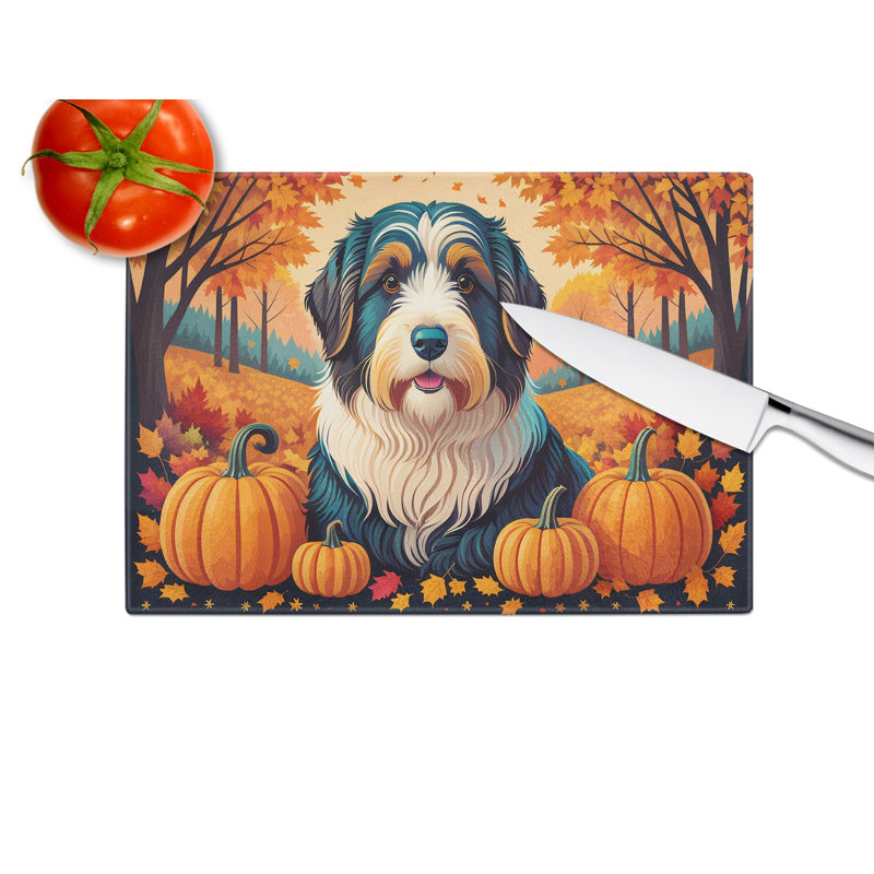 Bearded Collie Fall Glass Cutting Board Large