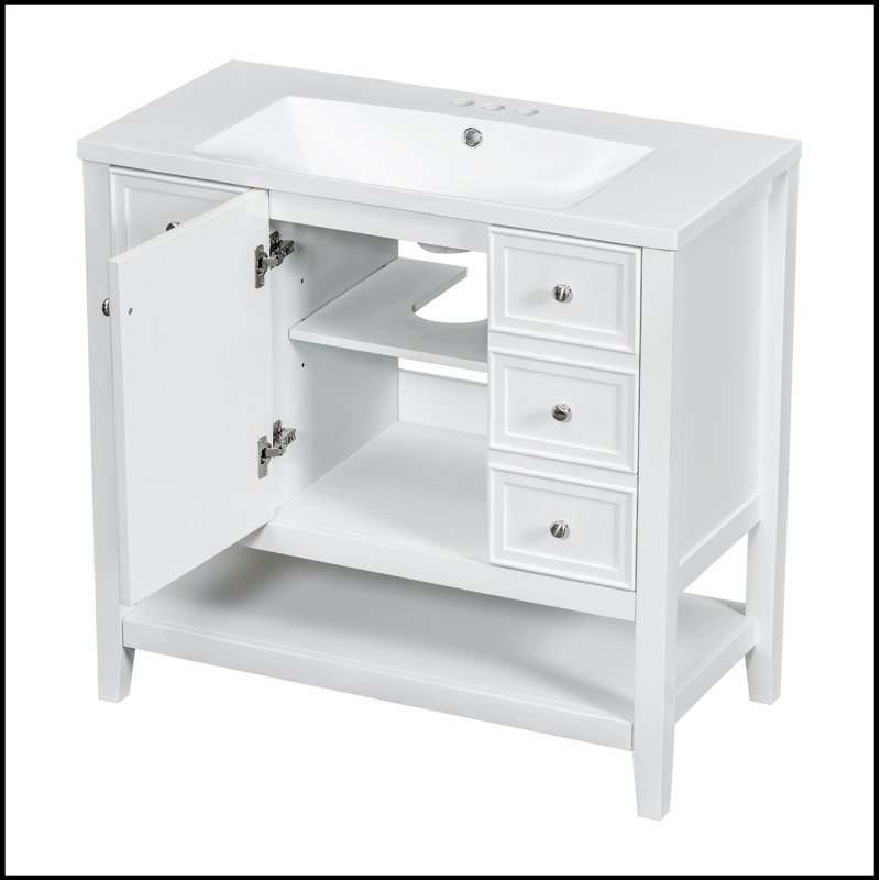 Meuble-lavabo de 36 pouces en bois massif et panneau de fibres à densité moyenne avec lavabo, une armoire, trois tiroirs et un élégant lavabo en céramique blanche