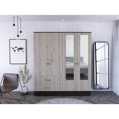 Rainen 71" Light Oak and Black Four Door Wardrobe Closet with Mirrors