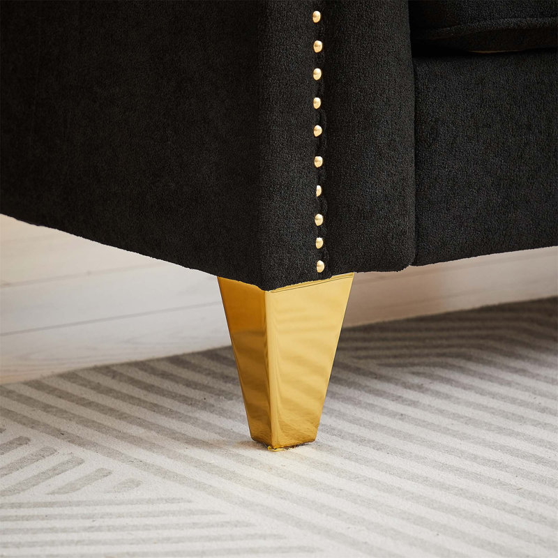 " mid-century modern chenille sofa | tufted buttons & copper nail armrest | 2 pillows | metal legs | stylish living room couch