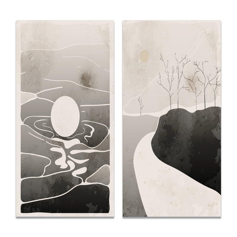 Monochromes japonais rétro, paysage I - ensemble de 2 peintures, Toile tendue, H 20 po x l 24 po x P 1 po