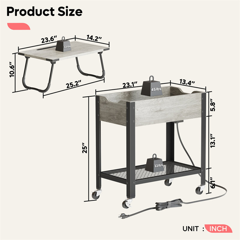 Haigh End Table with Removable Laptop Desk and Charging Stations, Gray