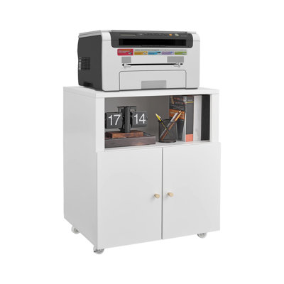 Support pour imprimante roulant en métal robuste avec roulettes, 4 armoires de rangement, tablette ouverte et tablette réglable, chariot d'imprimante mobile pour bureau personnel, 19,68 x 36,2 x 28,93 po, blanc