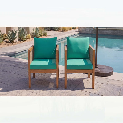 2 Piece Outdoor Armchair Set with Acacia Wood Frame and Green Cushions for Patio, Garden, and Balcony Use